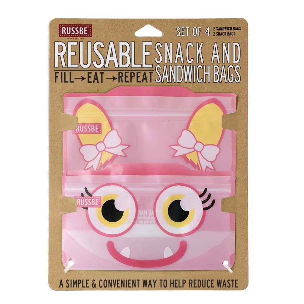 RUSSBE Reusable Snack Sandwich Bags 4 Pink Monster